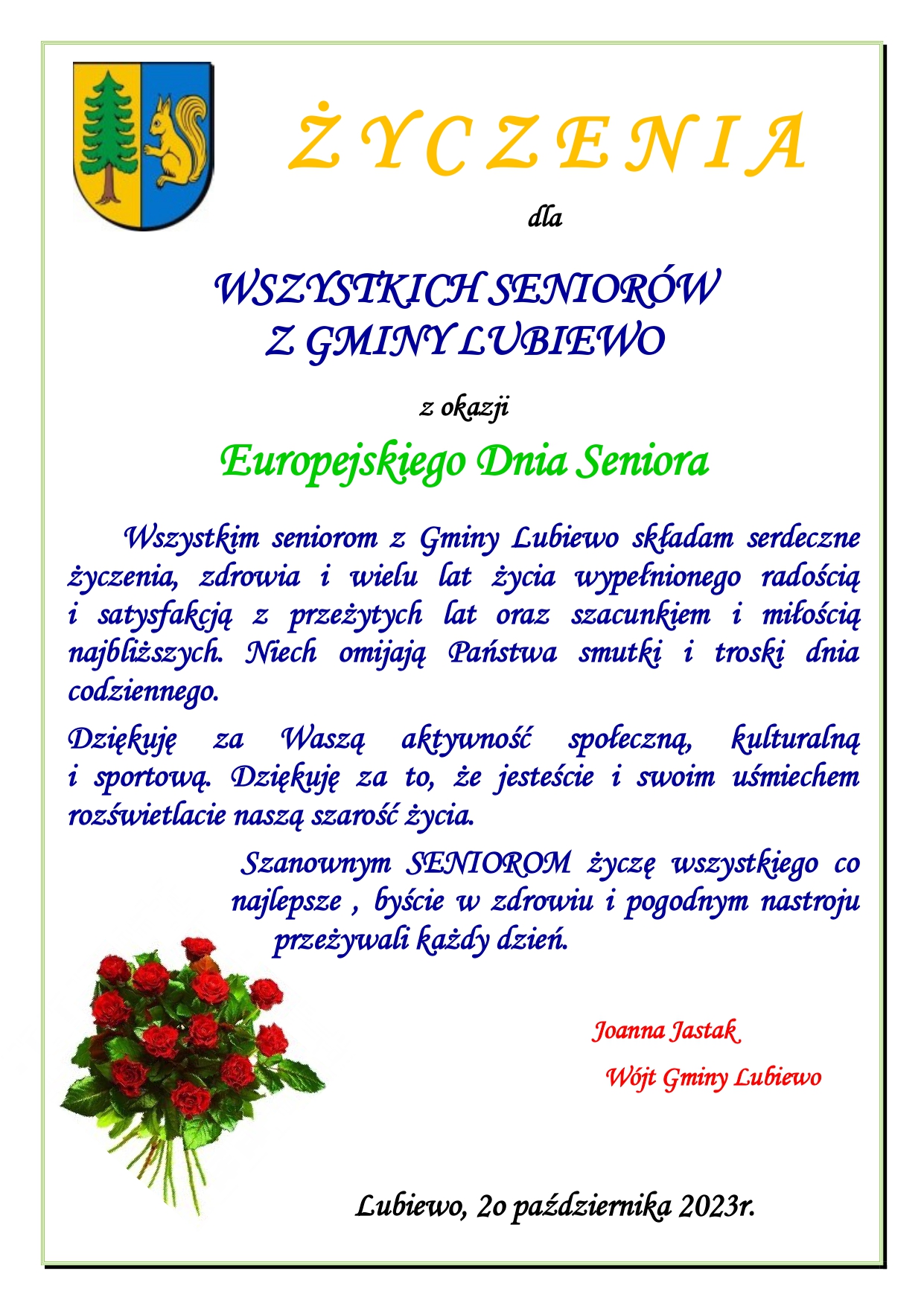Życzenia dla wszystkich senior&oacute;w z&nbsp;Gminy Lubiewo