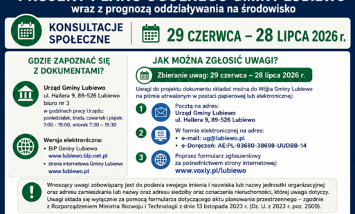 Zdjęcie do Ogłoszenie W&oacute;jta Gminy Lubiewo o rozpoczęciu konsultacji społecznych do projektu planu og&oacute;lnego gminy Lubiewo