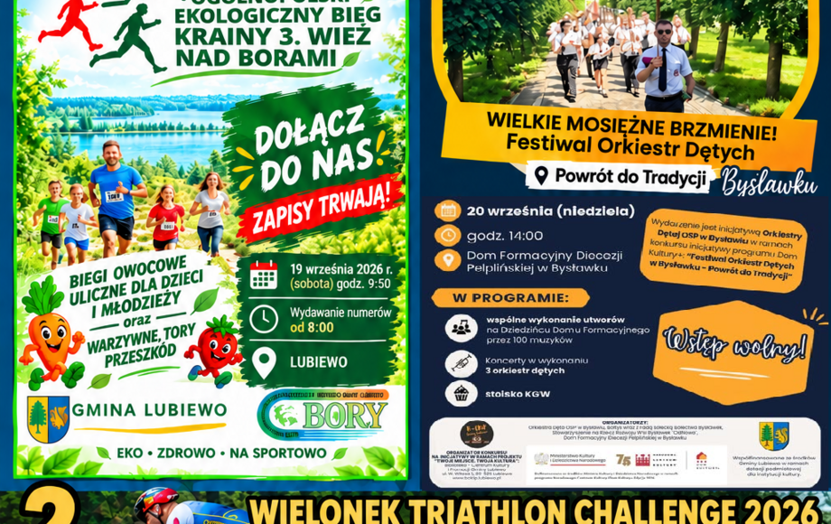 Gmina Lubiewo zaprasza na weekendowe wydarzenia: bieg III wież, Wielonek Triathlon Challenge i Festiwal Orkiestr Dętych