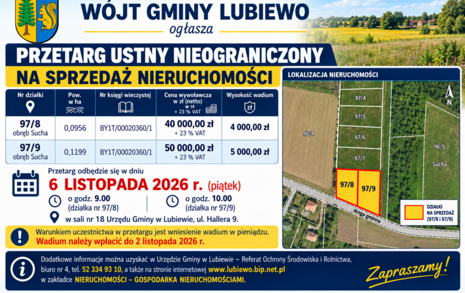 Przetarg na sprzedaż działek w Lubiewo